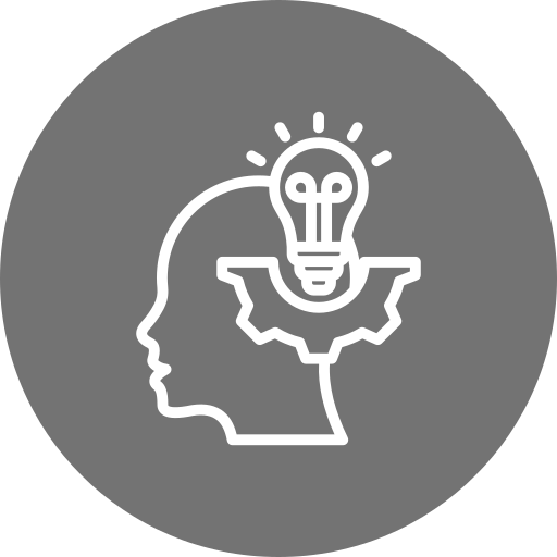 Icon of a person's head with a lightbulb and wheel to represent thinking and intelligence